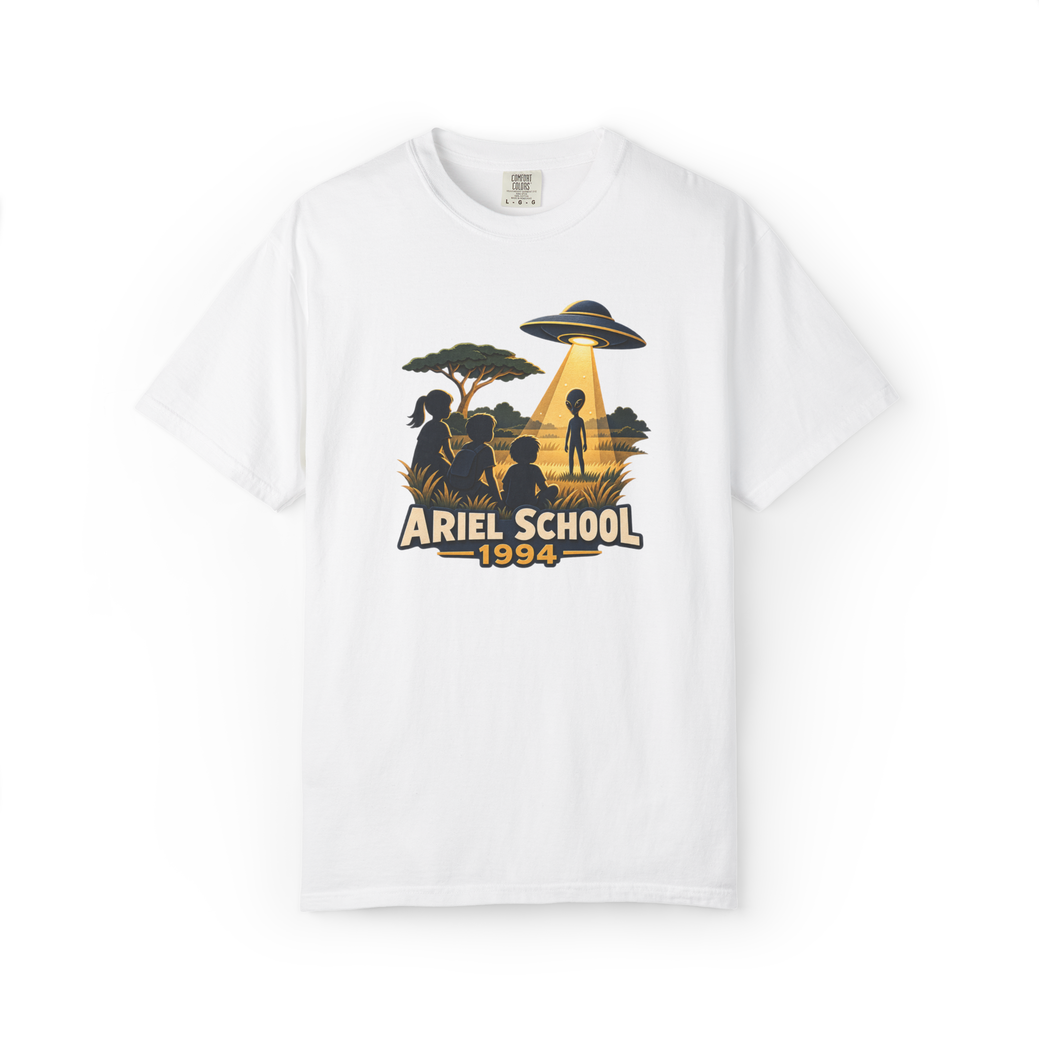 White Ariel School UFO shirt featuring children witnessing an alien figure and flying saucer during the 1994 Zimbabwe encounter