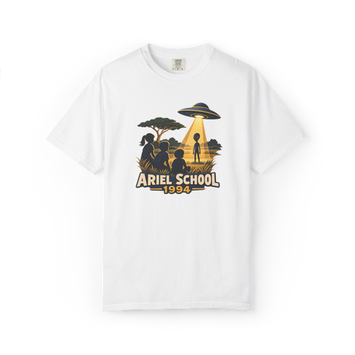 White Ariel School UFO shirt featuring children witnessing an alien figure and flying saucer during the 1994 Zimbabwe encounter