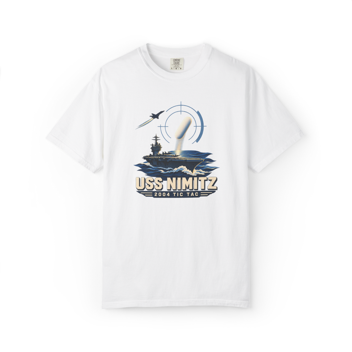 White USS Nimitz UFO shirt featuring the 2004 Tic Tac UAP above an aircraft carrier with a fighter jet and targeting graphics