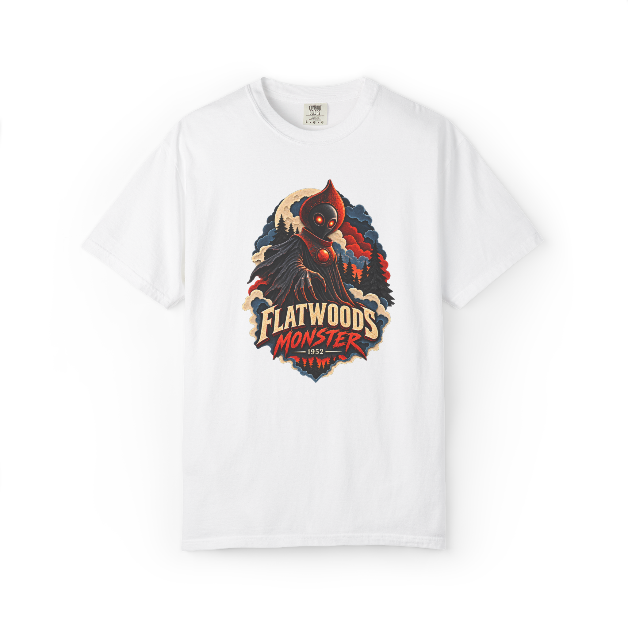 White Flatwoods Monster shirt featuring the 1952 West Virginia cryptid with glowing red eyes, clawed hands, moon, and dark forest