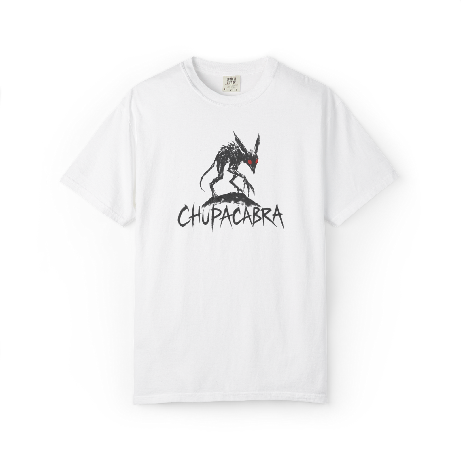 White Chupacabra T-shirt with black cryptid creature graphic, red eyes and Chupacabra text