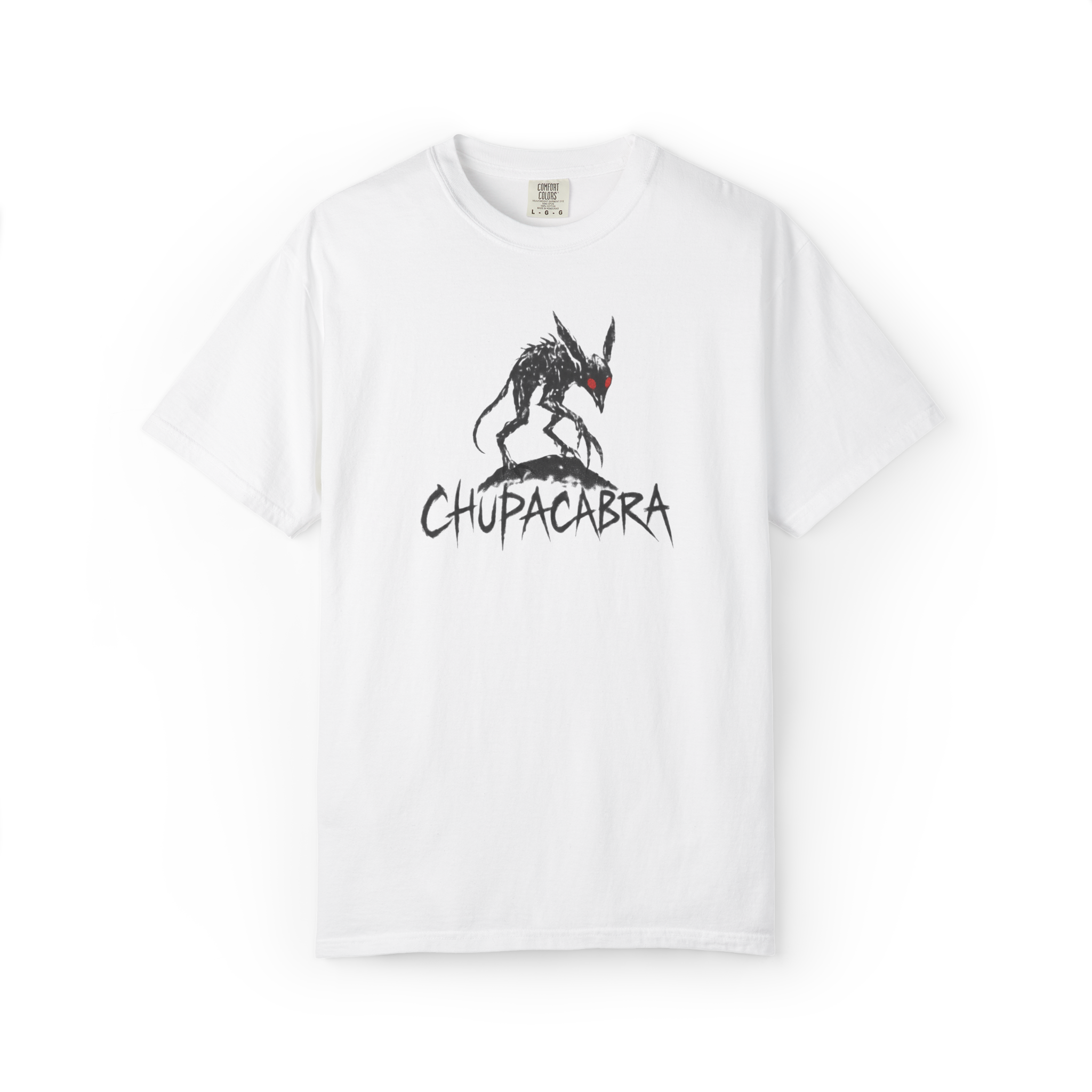 White Chupacabra T-shirt with black cryptid creature graphic, red eyes and Chupacabra text