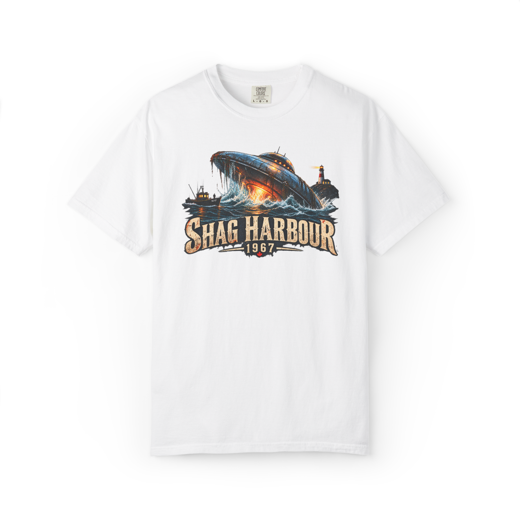 White Shag Harbour 1967 UFO shirt featuring a large flying saucer in ocean waves with a fishing boat and Nova Scotia lighthouse
