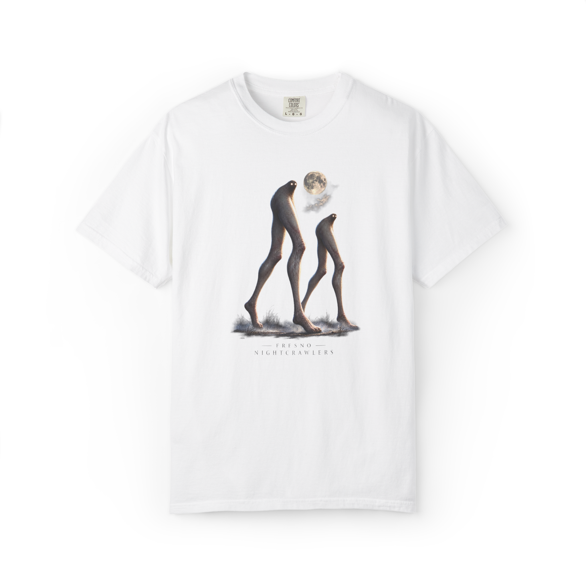 White Fresno Nightcrawler shirt featuring two long-legged cryptid creatures with glowing eyes walking beneath a full moon