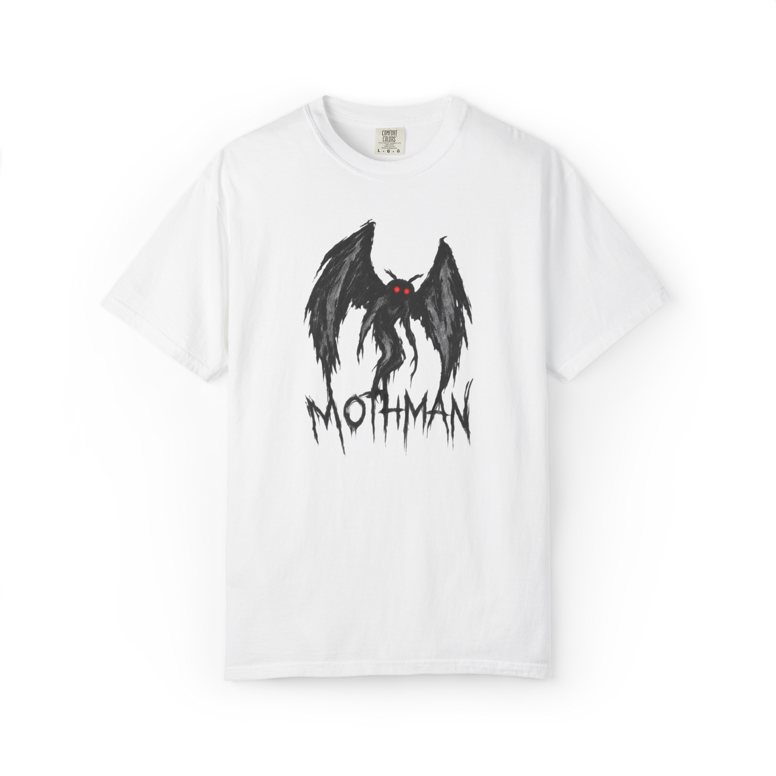White Mothman T-shirt with red eyes and black winged cryptid graphic