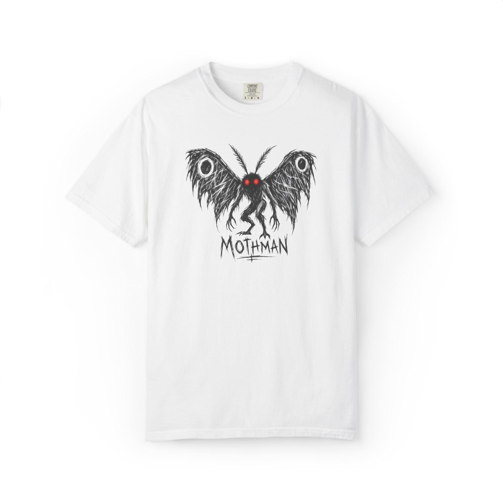 White Mothman t shirt with hand-drawn black winged cryptid, glowing red eyes, and jagged MOTHMAN lettering