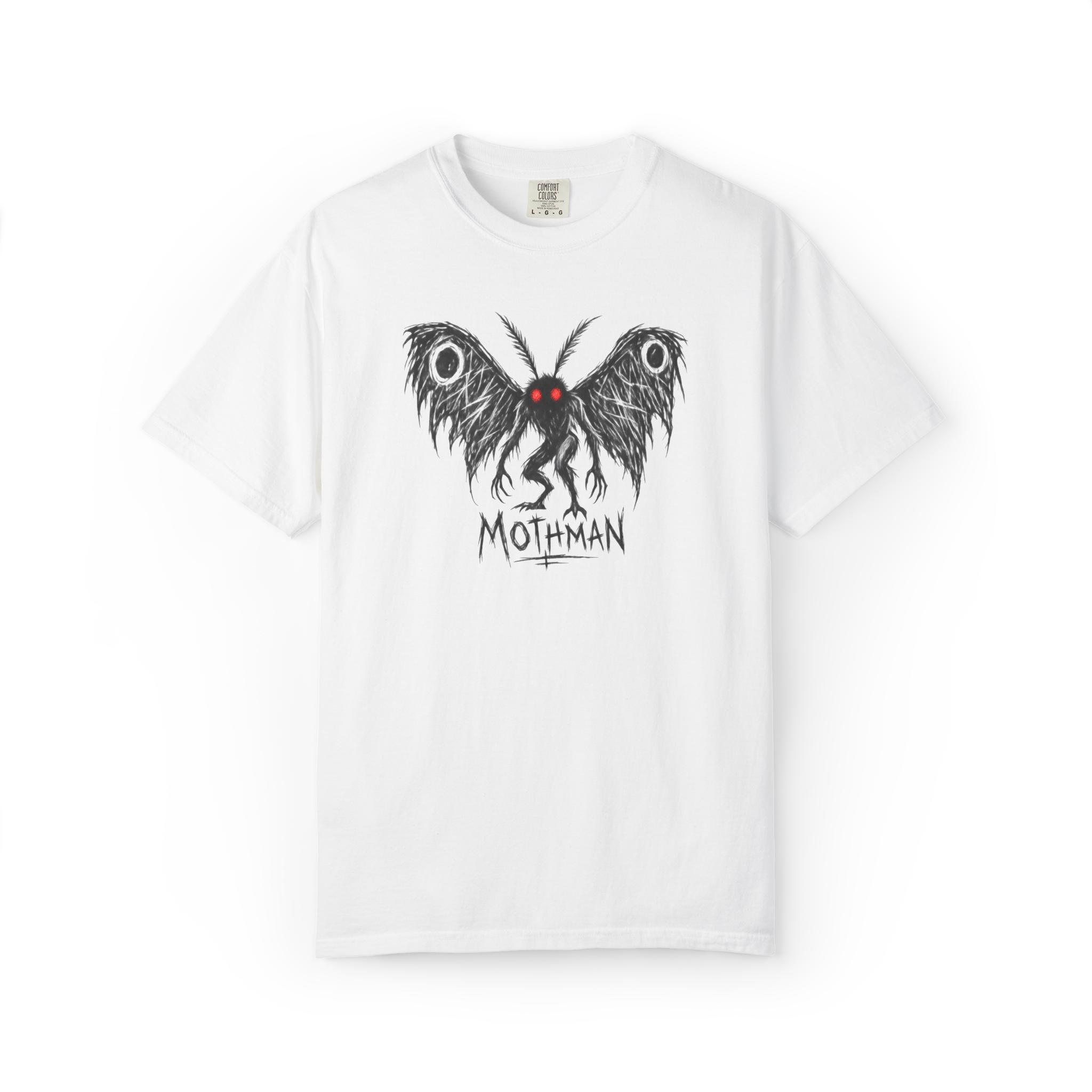 White Mothman t shirt with hand-drawn black winged cryptid, glowing red eyes, and jagged MOTHMAN lettering