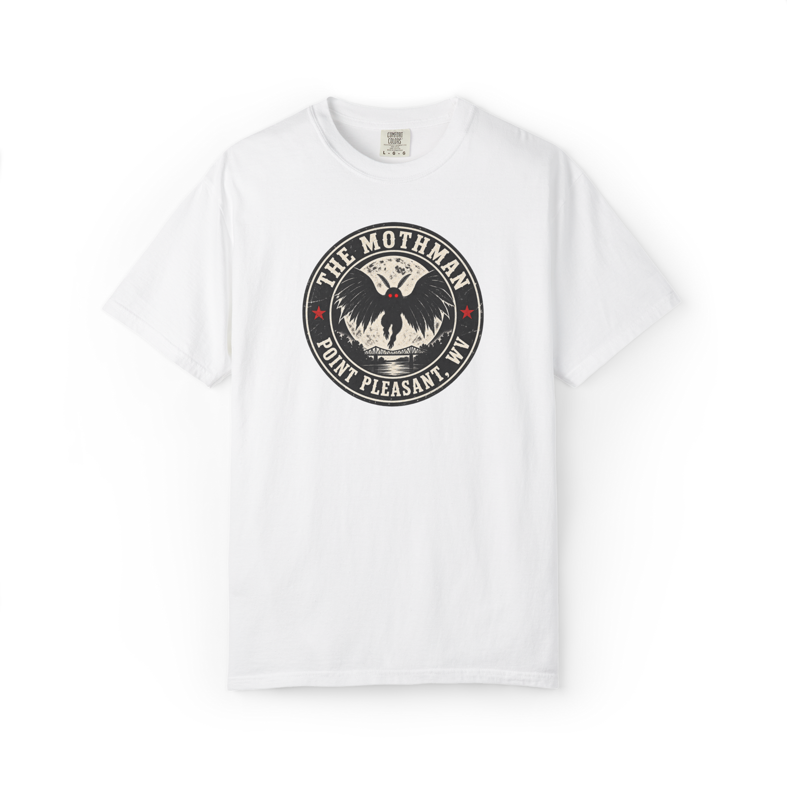 White t shirt with vintage circular Mothman design featuring red eyes and the text The Mothman Point Pleasant, WV